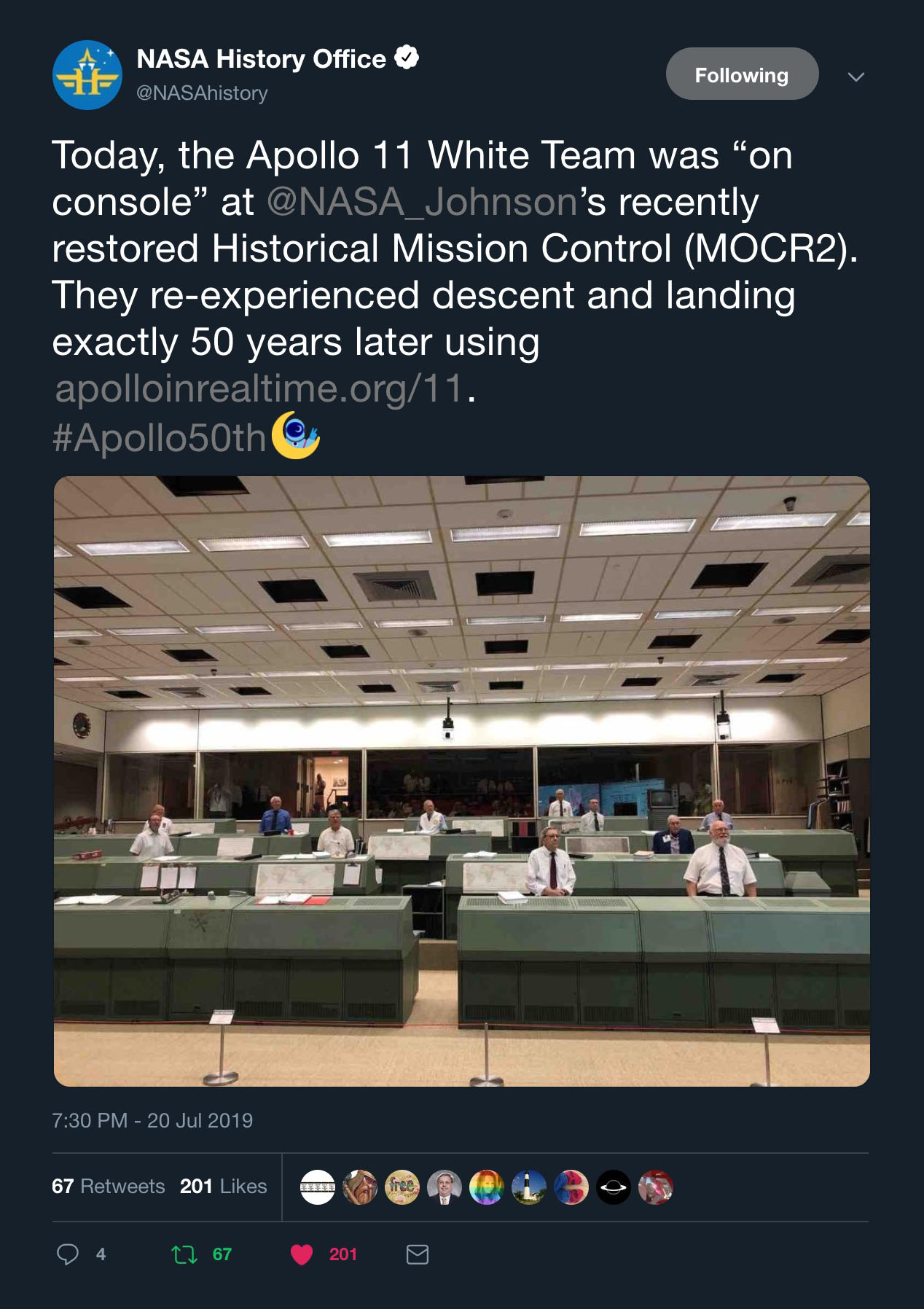 NASA's tweet about the 50th anniversary of Apollo 11's descent and landing.