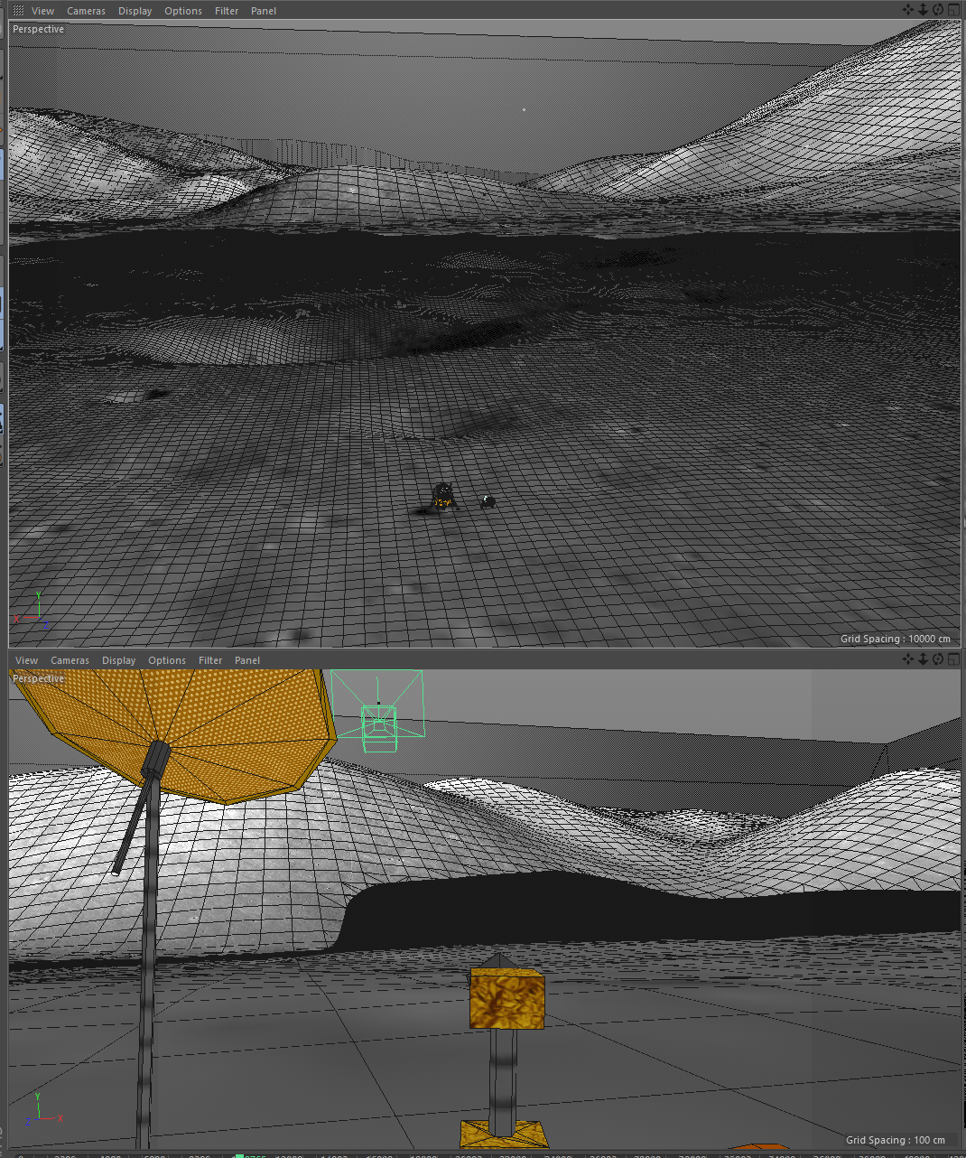 Top: extured surface mesh previsualization; Bottom: view from the Lunar Rover previsualization